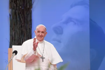Pope Francis addresses young people at Lokomotiva Stadium in Košice, Slovakia, Sept. 14, 2021
